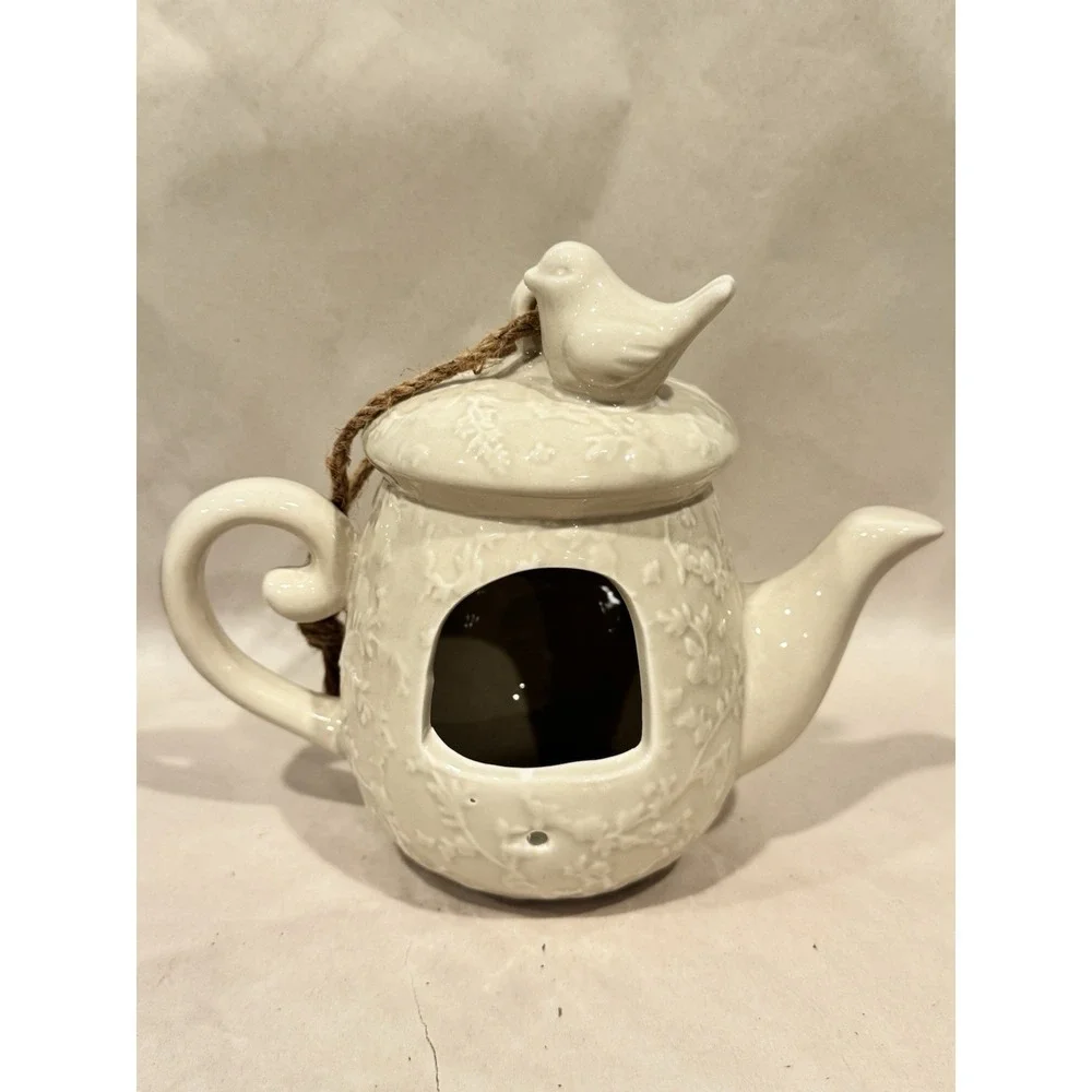 Vintage Hanging Ceramic Pottery‎ Tea Pot Birdhouse White Cream Color 7.5
